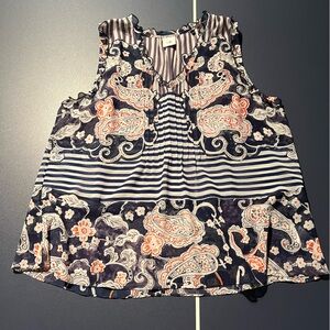 CAbi Navy and Orange Paisley Sleeveless Top